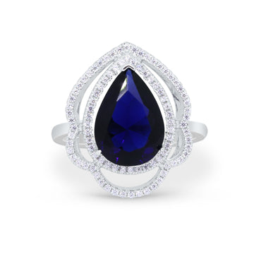 Teardrop Wedding Ring Round Simulated Blue Sapphire CZ 925 Sterling Silver